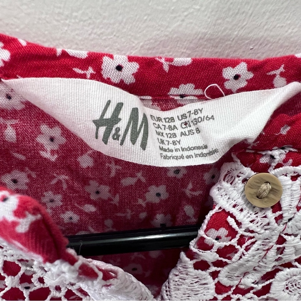 H&M Girls Red Floral Lace Dress Size 7/8 Boho Cottagecore Long Sleeve - Picture 2 of 8